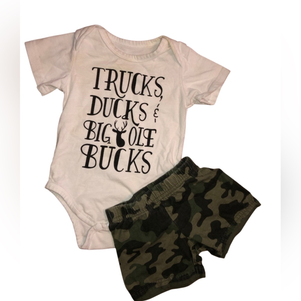 White Graphic Onesie and Camo Shorts Set